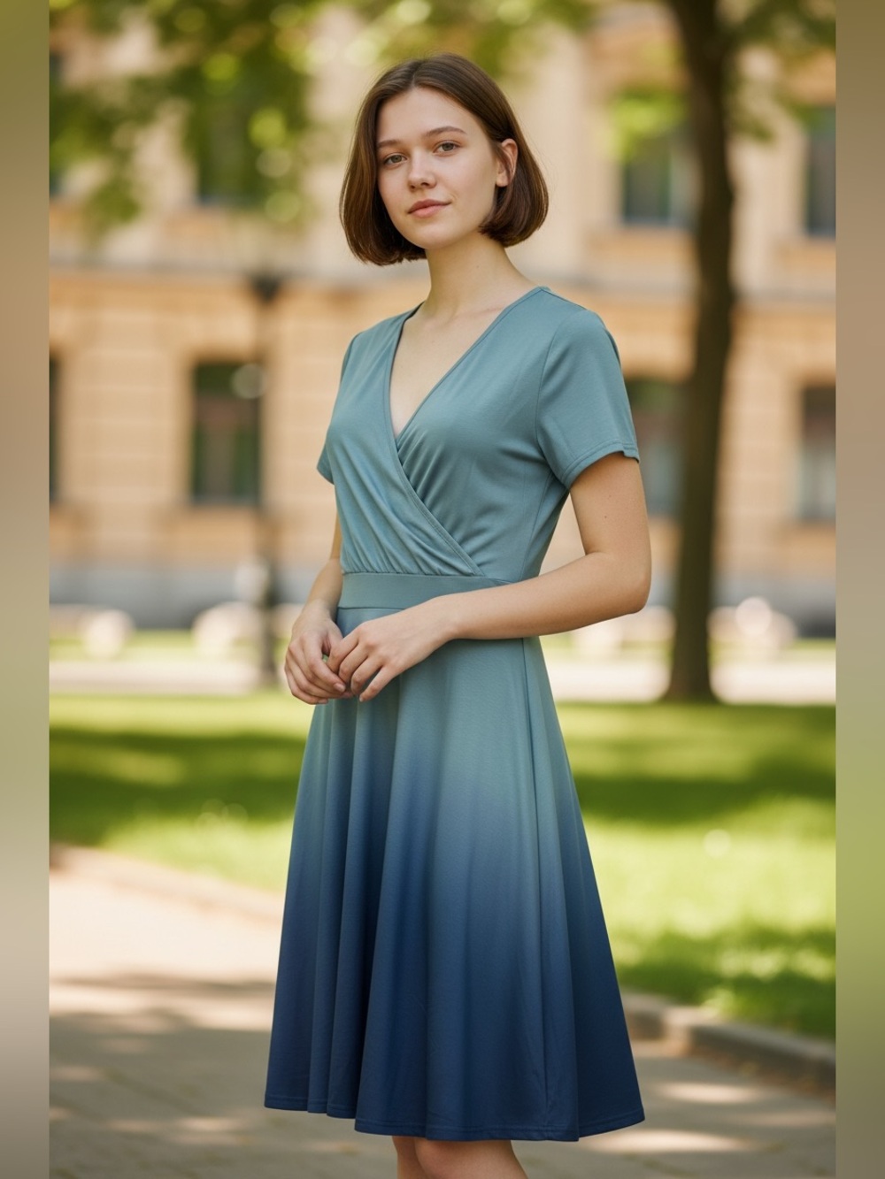 MSBasic Short Sleeve V-Neck Ombre Faux- Wrap Dress